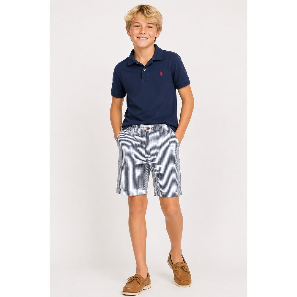 Lands End Shorts Boys 16 Blue White Seersucker Adjustable Waist Flat Front